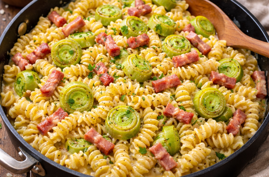 Recette de one pot pasta réalisées avec les poireaux qu'on peut trouver à la Ferme de la Chasseloire à Nantes