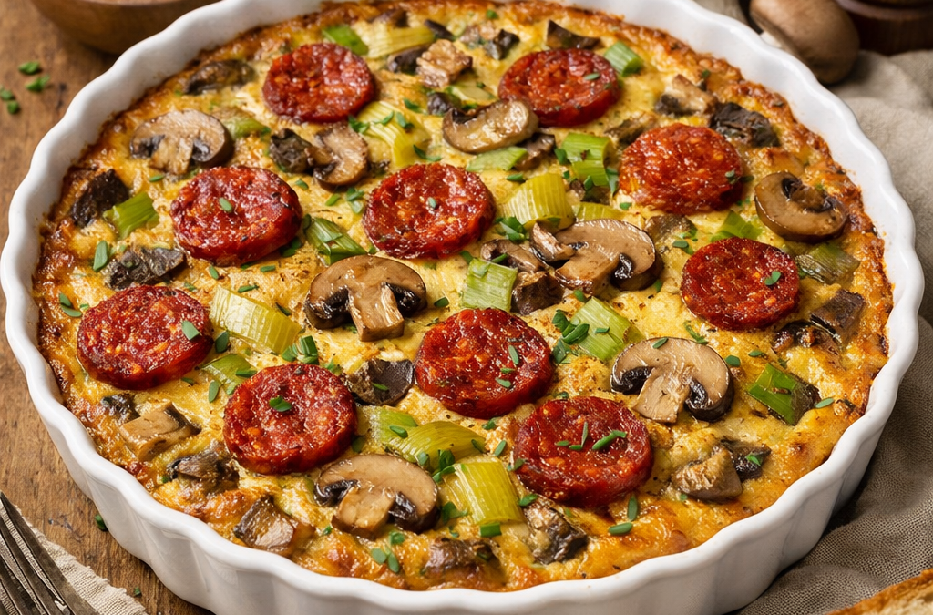 Clafoutis aux poireaux et chorizo réalisées avec tous les ingrédients trouvables à la Ferme de la Chasseloire près de Nantes