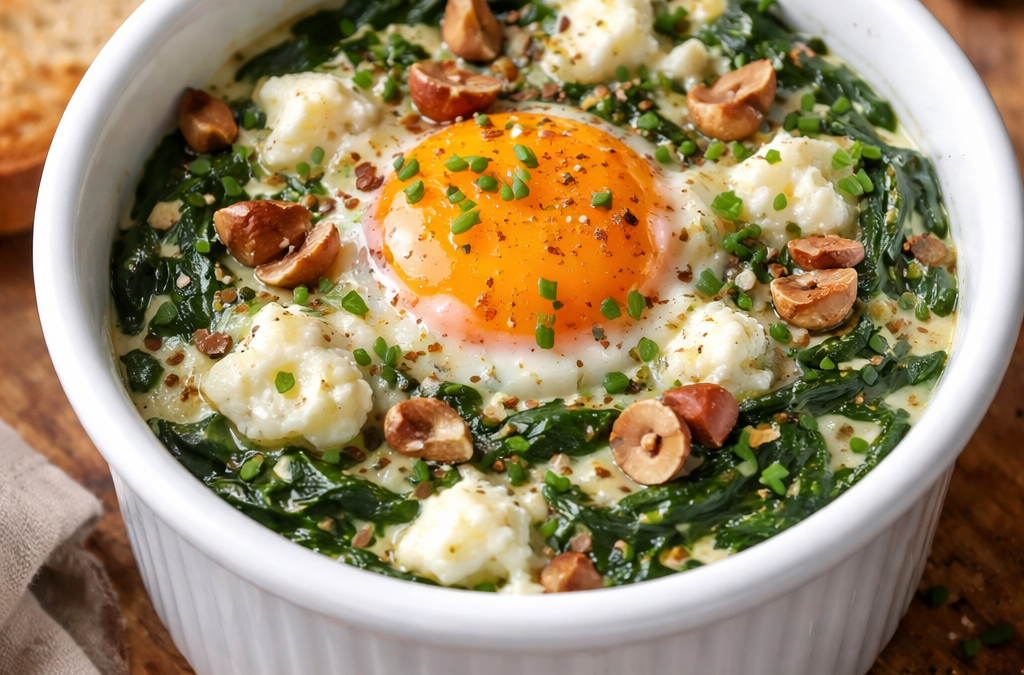 Recette d'oeuf cocotte avec notre produit de la semaine les épinards à retrouver à la ferme de la chasseloire à saint herblain, près de nantes