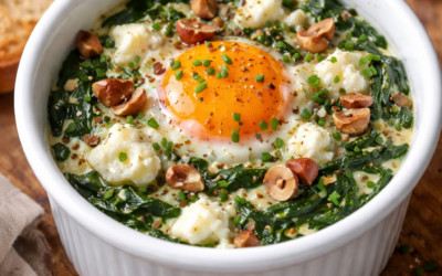 Oeuf cocotte aux épinards, chèvre et noisette